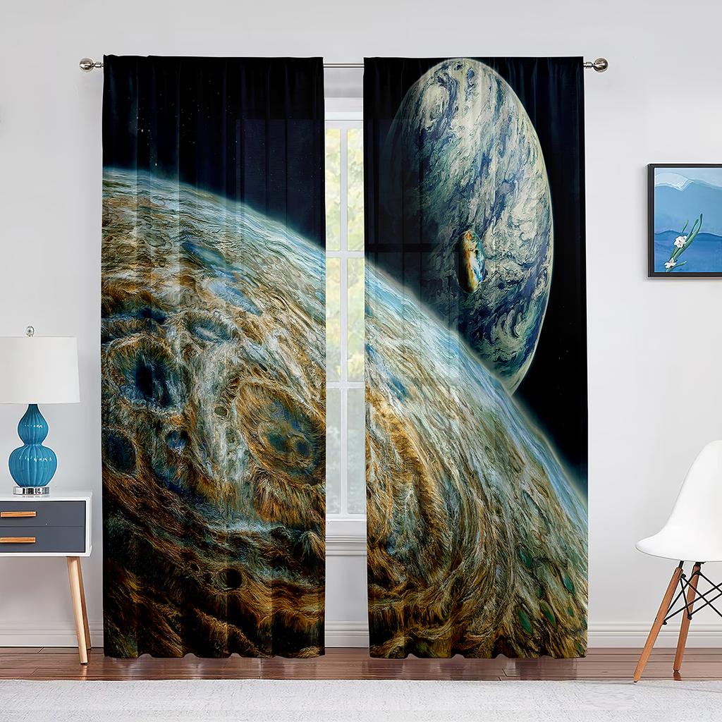 Galaxy Tulle Curtains Blue Red Planets Orbital Ring Stars Outer Space Sheer Voile Curtain for Living Room Bedroom Kitchen Decor