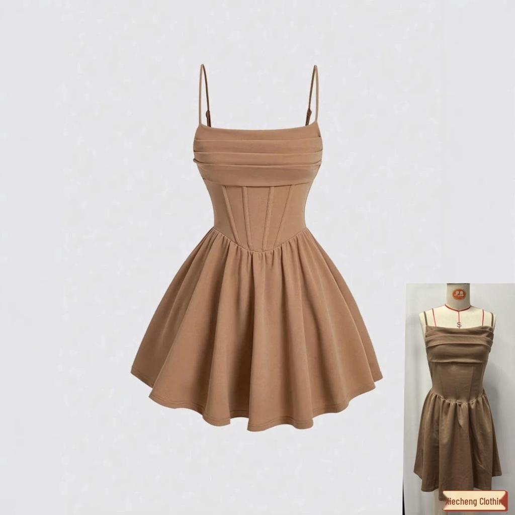 New Summer Fashion Evening Gown: Sexy Solid Color Pleated Dress with Back Zipper & Spaghetti Straps