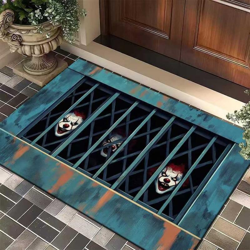 Halloween Clown Horror Theme Doormat Manhole Cover Design Entryway Anti Slip Mat Halloween Decor Personalized Rug