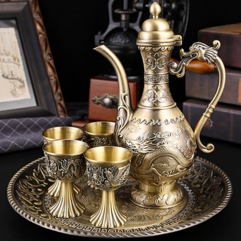 European Wine Set, Alloy Home Wine Pot Wine Glass Set, Golden Vintage Wine Glass, Wine Pot Home Living Room Decoration,24cm,1Set