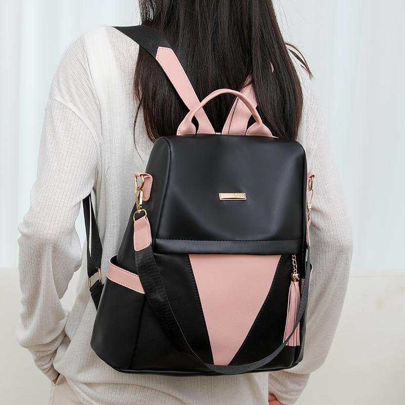 Diebstahlsicherer Rucksack Damen Farbkontrast Pendlerrucksack Großes Fassungsvermögen Multifunktionale Quasten-Umhängetasche