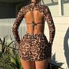European And American Leopard Print Lace-Up Sexy Bikini Split Four-Piece Swimsuit Long-Sleeved Sunscreen Skirt Hot Spring Swimsuit