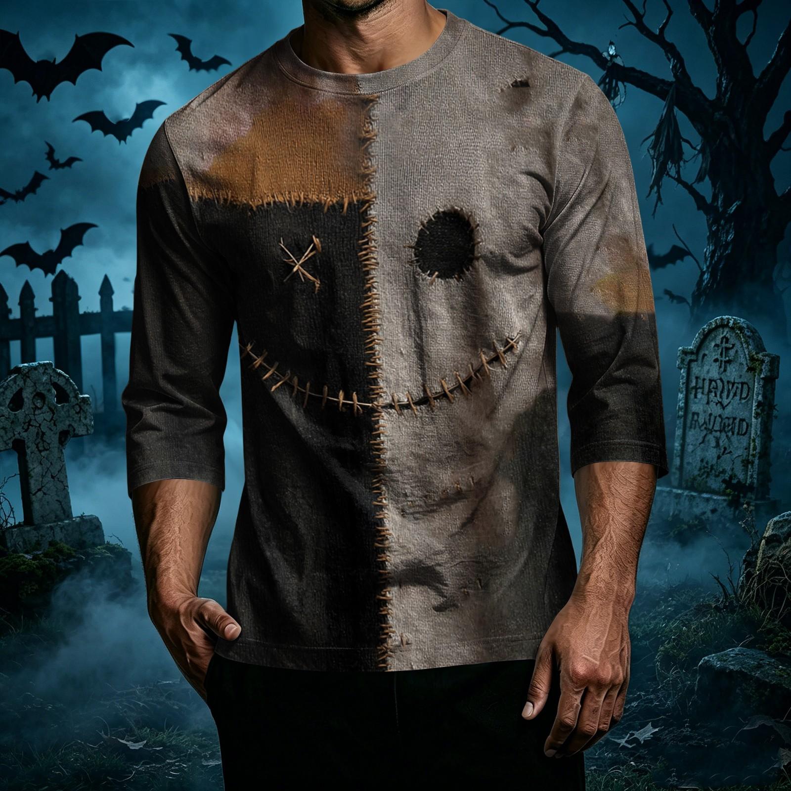 Men s Casual Halloween Printed T-Shirt - Round Neck Three-Quarter Sleeve M