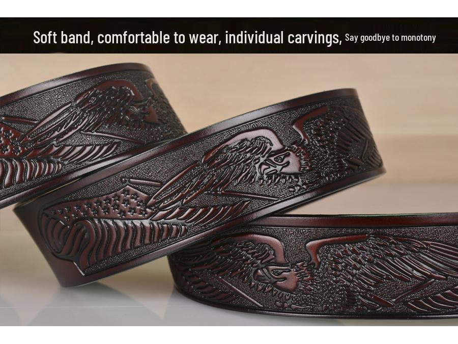 Eagle Embossed Cowhide Leather Belt with Automatic Buckle