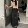 Women's Black Denim A-Line Midi Skirt with Raw Hem for Spring/Autumn 2025
