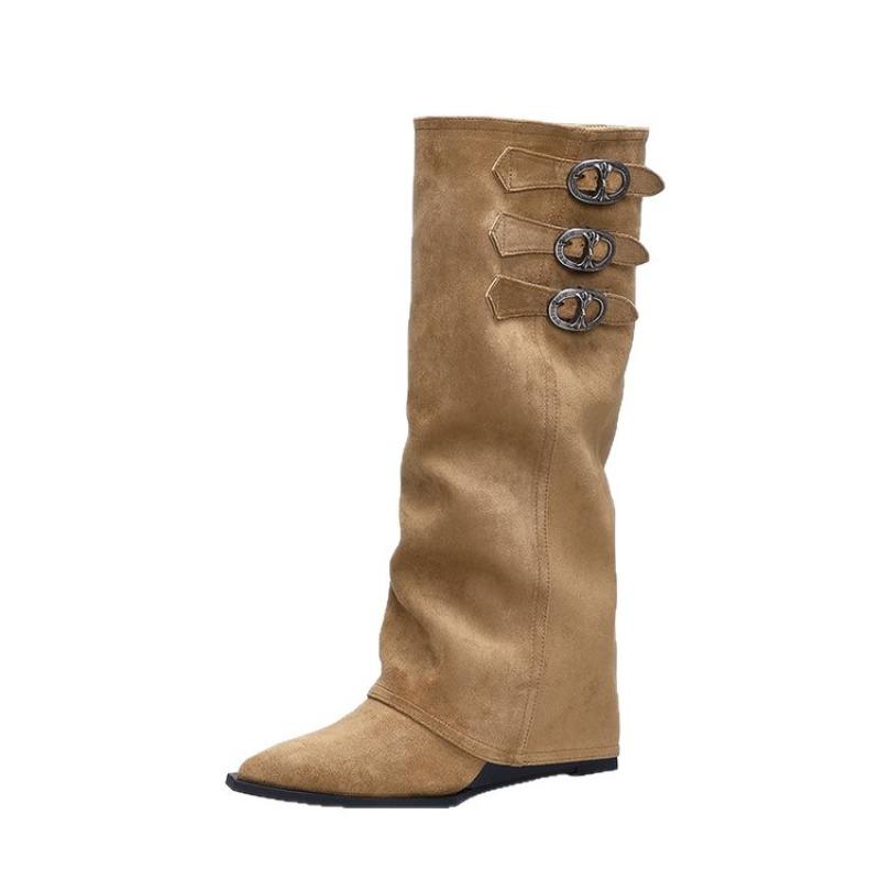 Winter and Autumn Pointed-toe Boots for Women, Large Size Shoes, Leather Belt Buckle Shoes, Long Boots