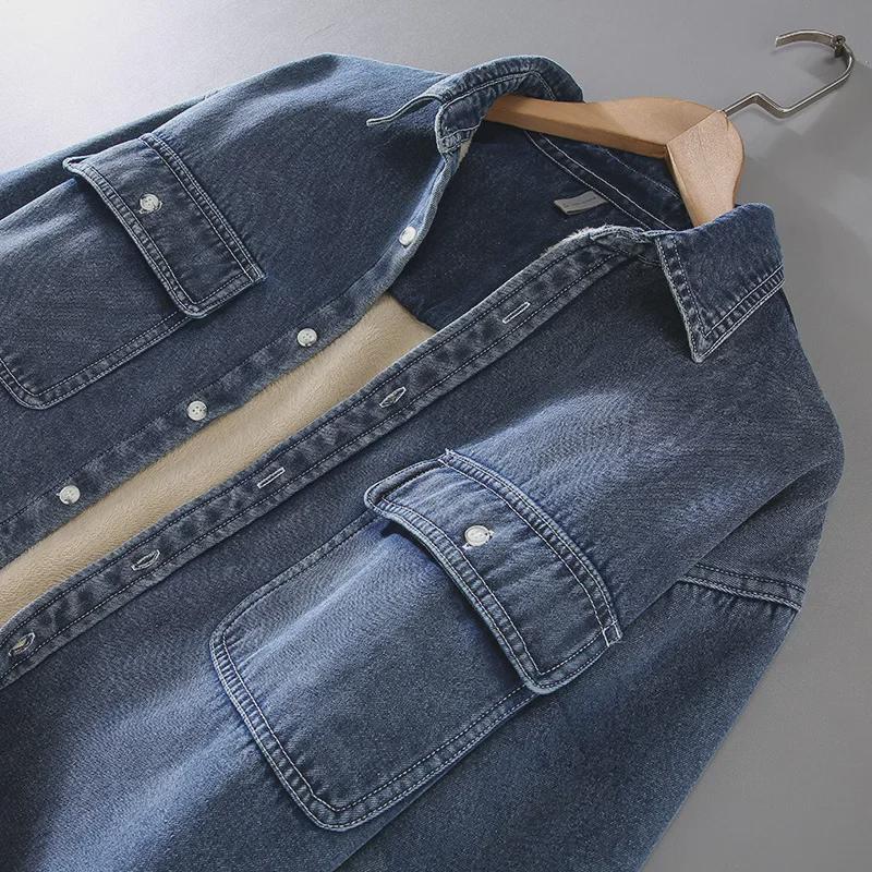 Japanese Retro Plus Velvet Denim Men's Shirt: Thickened, Washed, All-Match Outdoor Wear