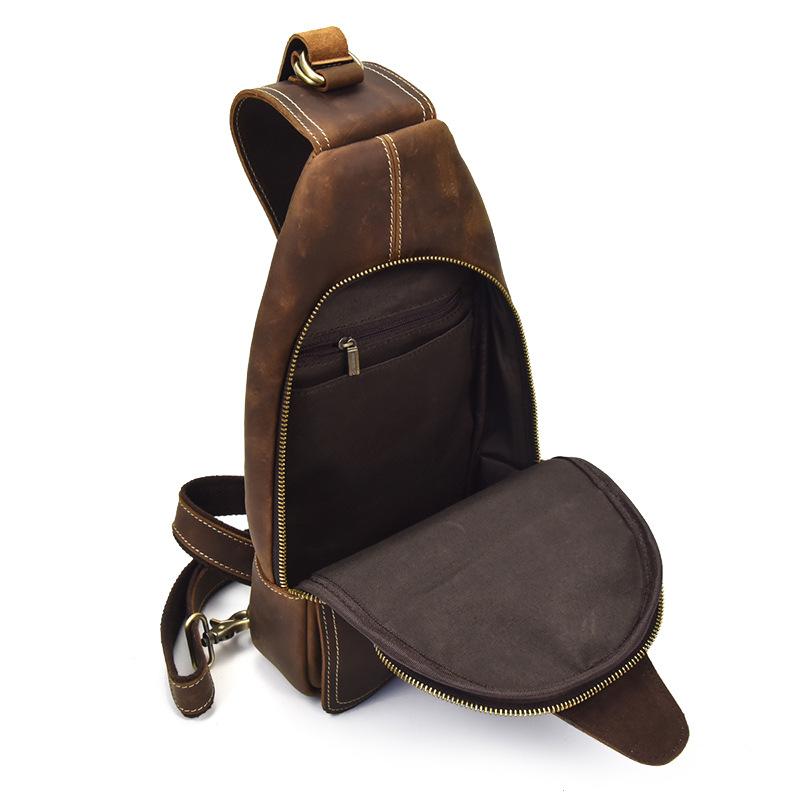 Men'S Leather Breast Bag Retro Crazy Horse Leather Messenger Bag First Layer Cowhide Travel Bag Cowhide Shoulder Bag Summer