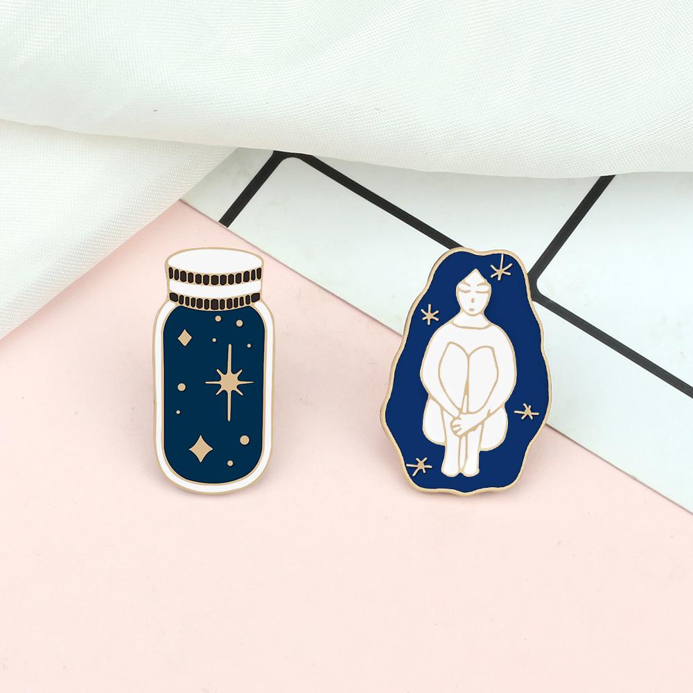 Creative Cartoon Enamel Pins Elegant Girl Blue Wishing Bottle Brooches Jewelry Long Haired Beauty Star Sky Bag Lapel Badge Gift