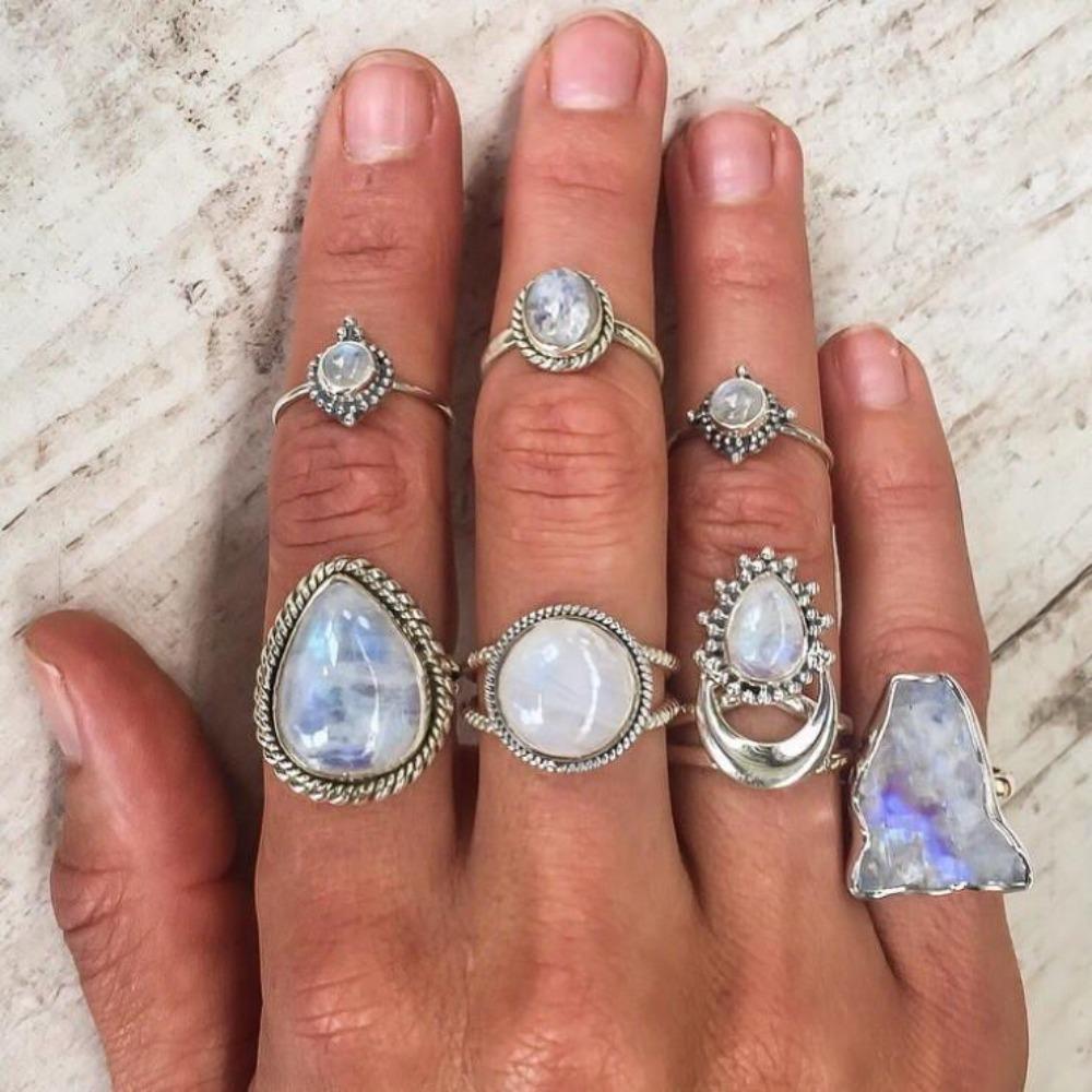 Punk Style Vintage Thai Silver Ring with Synthetic Moonstone 925 Silver Plated Jewelry