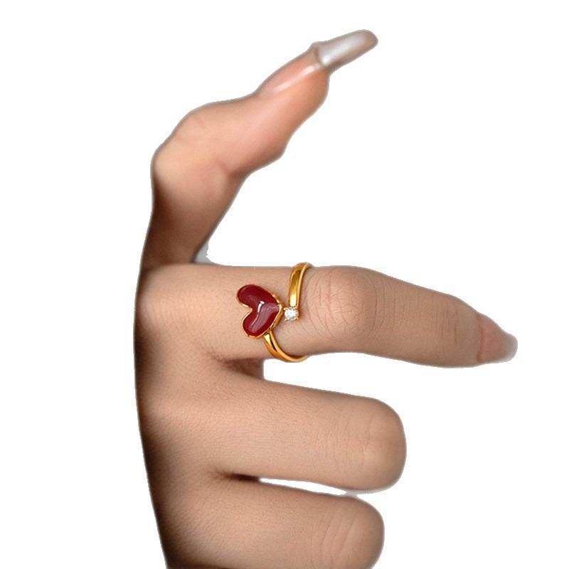 18K Echts Rosegold plattiertes Kupfer Stilvolle Rote Emaille Liebesherz CZ Kubikzirkonia Offene Verstellbare Cocktailringe für Damen