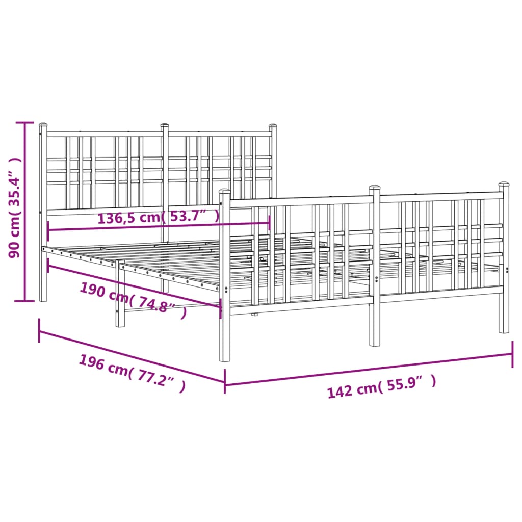 Bed Frame with Headboard and Footboard Metal Black 137 X 190 Cm