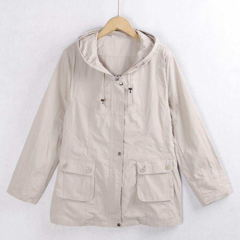 

413 Куртка Верхняя одежда Повседневная Одинарная Осень Хлопок Капюшон Лацкан Молния Большой размер Карман Однотонная Парка Тонкий Тренч Light gray M/L