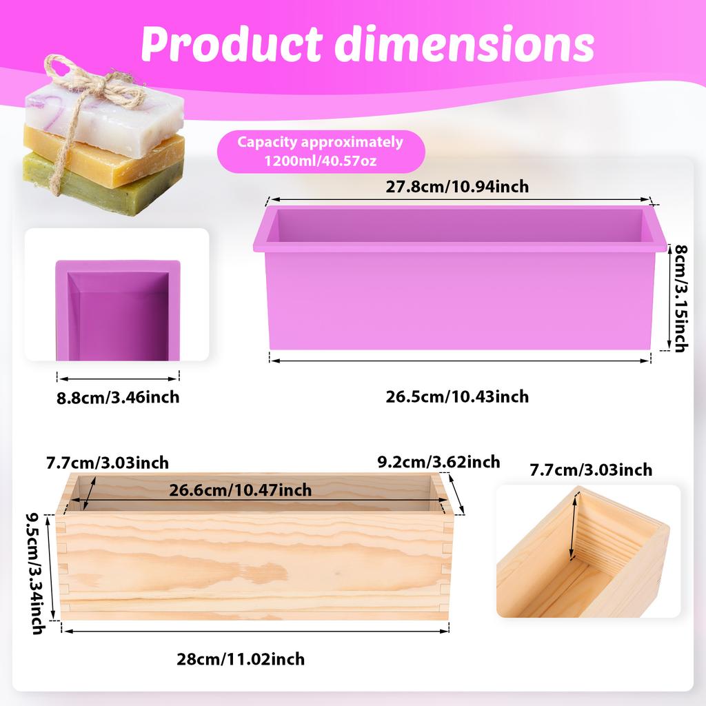 2 Stück Silikon-Seifenform 41oz Rechteckige Silikon-Seifenform mit Holzkiste Leicht zu entformen für Seifenherstellungs-Enthusiasten & Anfänger