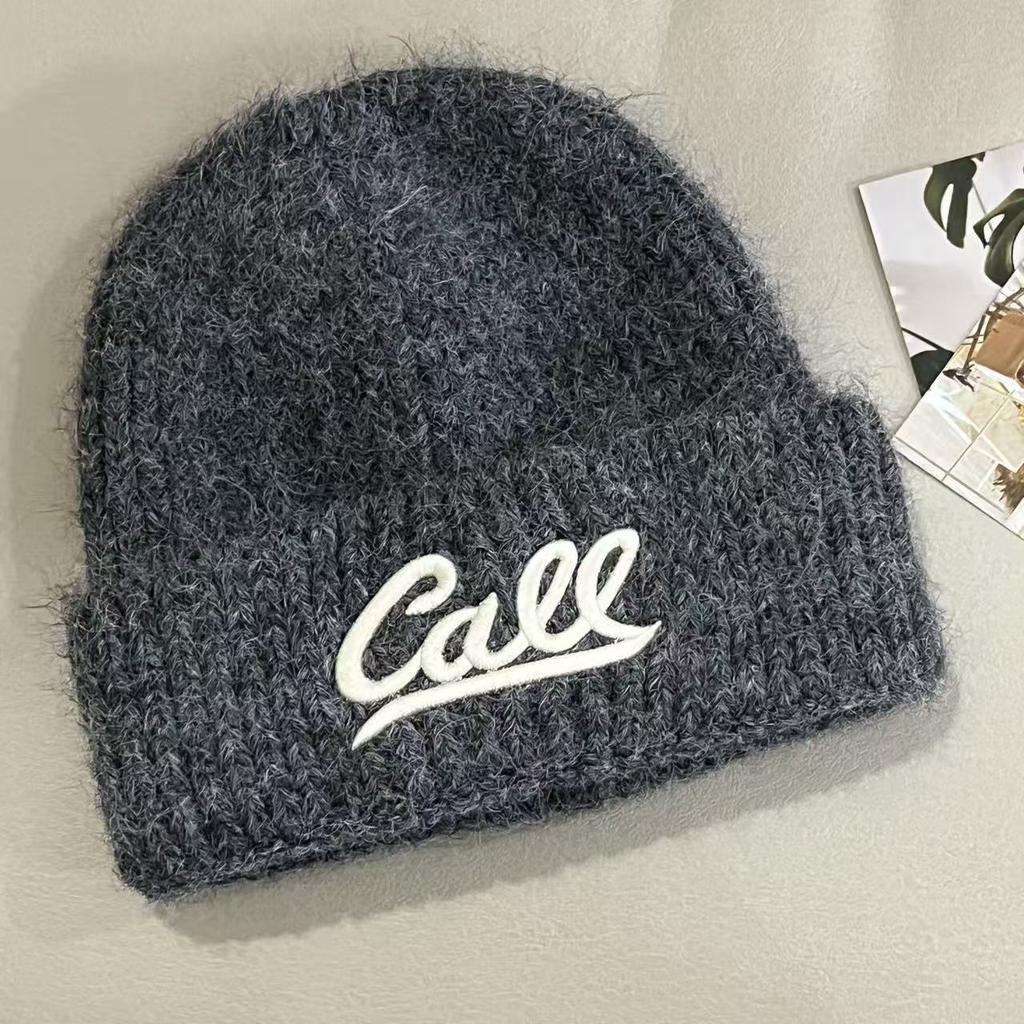 Autumn and winter new fashion letter embroidery knitted hat Korean version versatile solid color big head circumference shows the face small warm