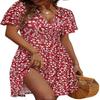 Popular, Summer Floral Short Sleeve Wrap V-Neck A Line Midi Dress