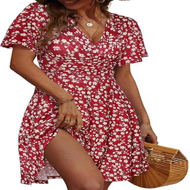 Popular, Summer Floral Short Sleeve Wrap V-Neck A Line Midi Dress