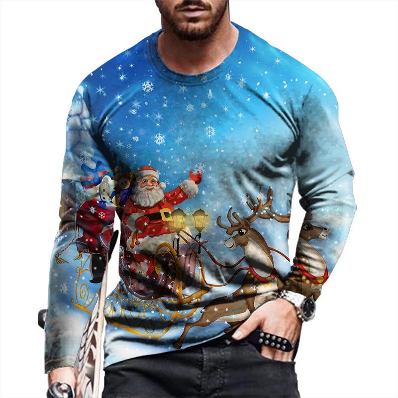 Round Neck 3D Christmas Printed Top Casual Long Sleeved Men's T-shirts - Soft Medium Stretch Polyester Fabric Spring and Autumn Relaxed Fit Clothing