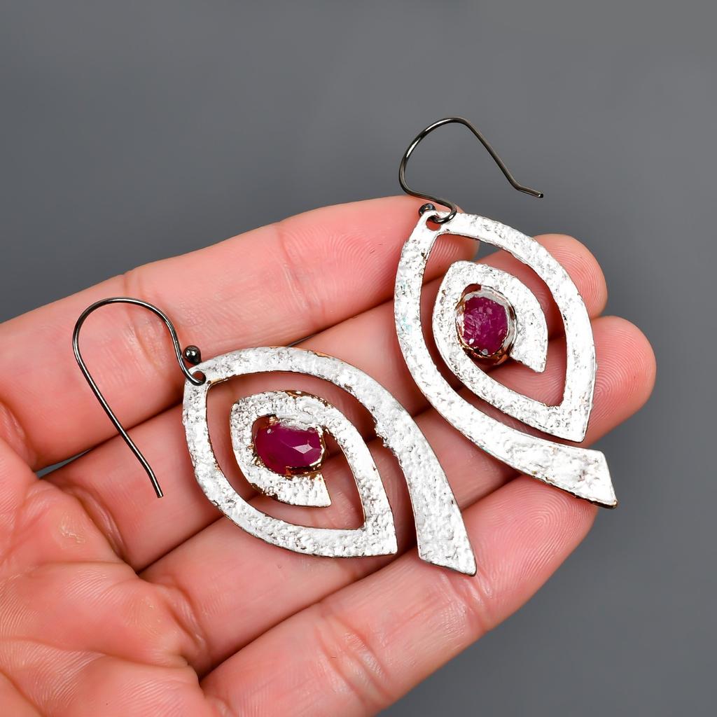 Pink Ruby Gemstone Silver Plated Dangle Drop Multi Electroformed Ethnic Earrings V-88