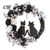 Halloween Floral Hanging Decoration Garland, with String Lights, Black Cat Silhouette Glow Moon Lights Wreath, for Front Door Indoor Outdoor