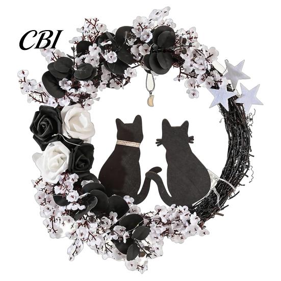 Halloween Floral Hanging Decoration Garland, with String Lights, Black Cat Silhouette Glow Moon Lights Wreath, for Front Door Indoor Outdoor