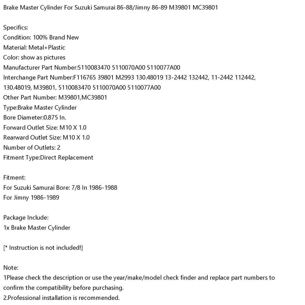 Pompa hamulcowa główna do Suzuki Samurai 86-88/Jimny 86-89 M39801 MC39801