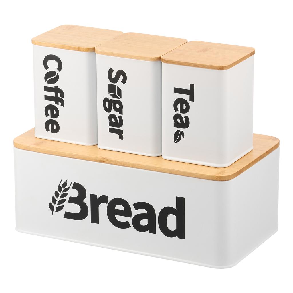 3/4Pcs Bread Bin Tea Coffee Sugar Canisters Set Iron Bread Box Tea Coffee Canisters with Bamboo Lids for Kitchen Bakery and Home