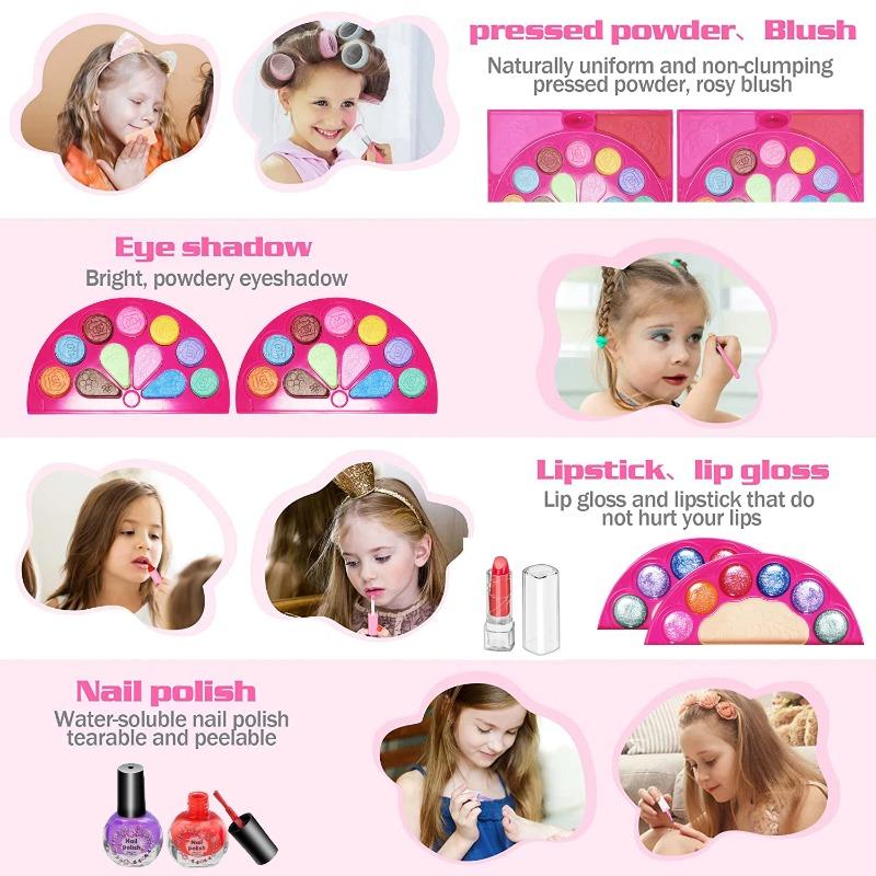 Kids Makeup Kit for Girls, 60 Pcs Little Girls Princess Toys Real Washable Pretend Play Cosmetic Beauty Makeup Set, Non-Toxic