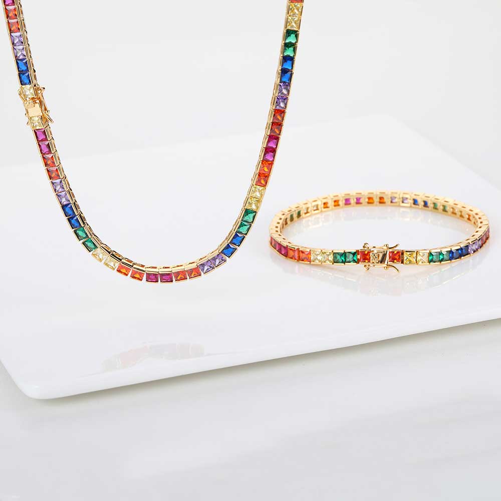 Iced Rainbow Colorful Tennis Necklace  Gold Plated Square Cubic Zirconia Tennis Chain Cuban Link Dainty Jewelry Gift
