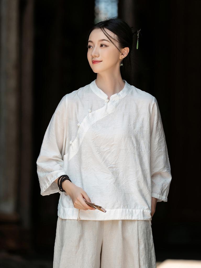Johnature Vintage Women Shirts Stand Seven Sleeve Blouses Autumn Solid Color Button Chinese Style Shirts