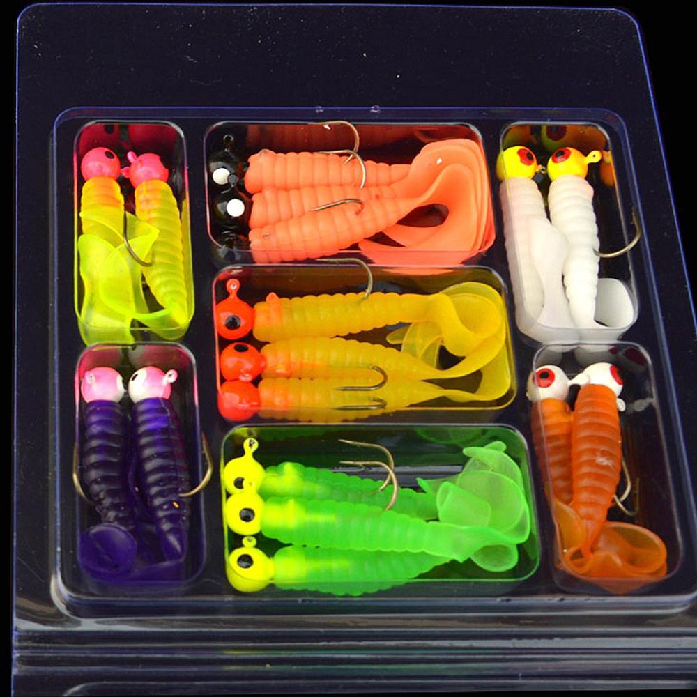34pcs Metal Jig Head Fishing Hooks Set 17pcs Jigging Heads Hook + 17pcs Soft Worm Lure Grub Silicone Fish Artificial Bait Tackle