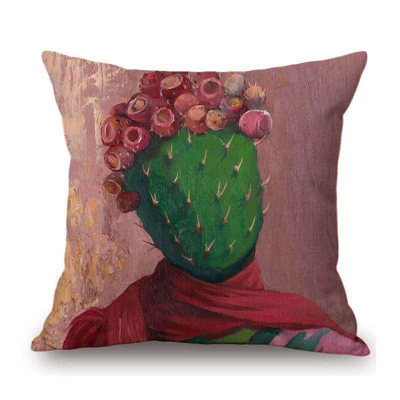 Summer Cactus Head Portrait Oil Painting Surrealistic Decorative Art Cotton Linen Sofa Pillow Case Car Seat Cushion Cover