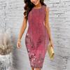 Women Plus Size Sleeveless Round Neck Midi Bodycon Dress Green Vintage Ornate Floral Scroll Print Slim Fit Dress