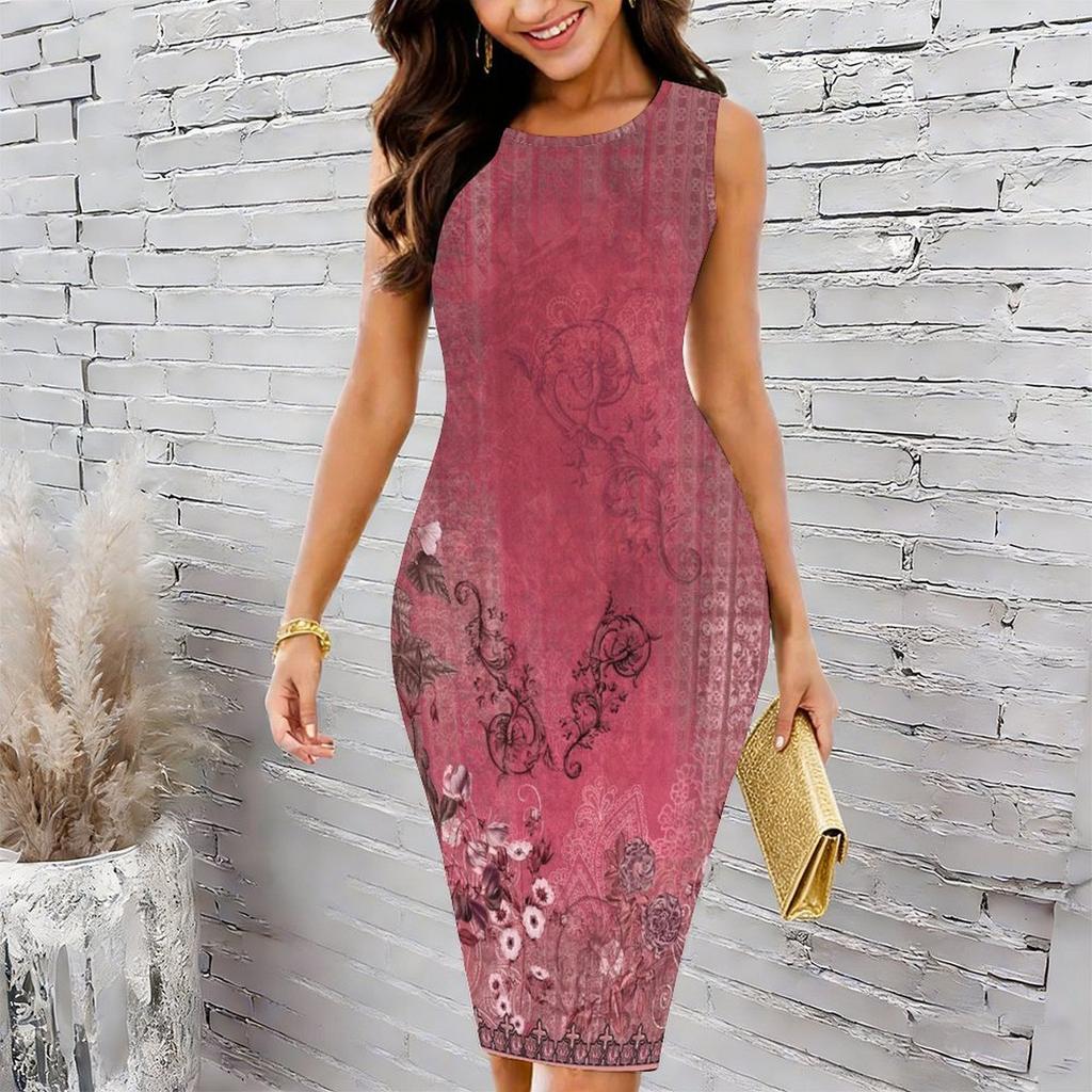 Women Plus Size Sleeveless Round Neck Midi Bodycon Dress Green Vintage Ornate Floral Scroll Print Slim Fit Dress