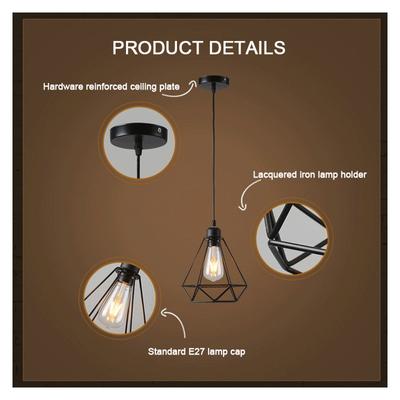 Vintage Pendant Light E27 Iron Diamond Shape Rope Lamp Loft Cage Light for Kitchen Dining Bedroom Hanging Ceiling Lamp