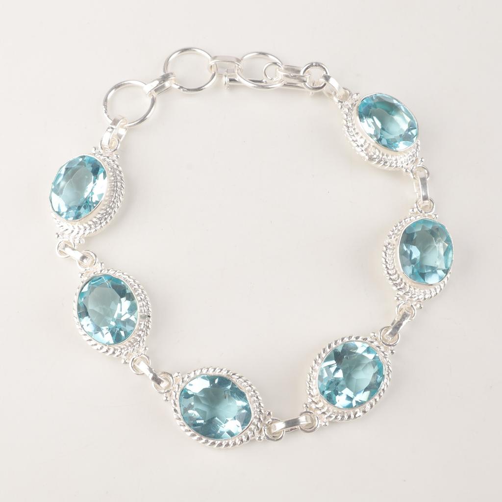 Sky Blue Topaz Gemstone 925 Sterling Silver Jewelry Handmade Women Bracelet 8.5" RB-2-5