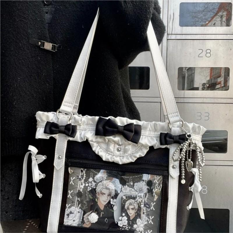 JIAERDI Lolita Cute Bow Shoulder Bag Ladies Harajuku Leather Square Large Capacity Ita Bag Anime Handle Purse Y2K Tote Bag 2025