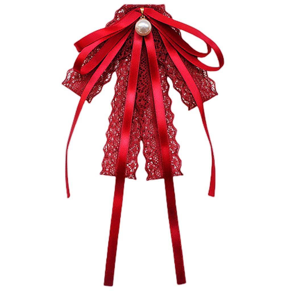 Womens Lace Ribbon Bowtie Brooch Pin Student JK Uniform Shirt Jabot Collar Pearl Pendant Pre-Tied Bowknot Necktie Clip
