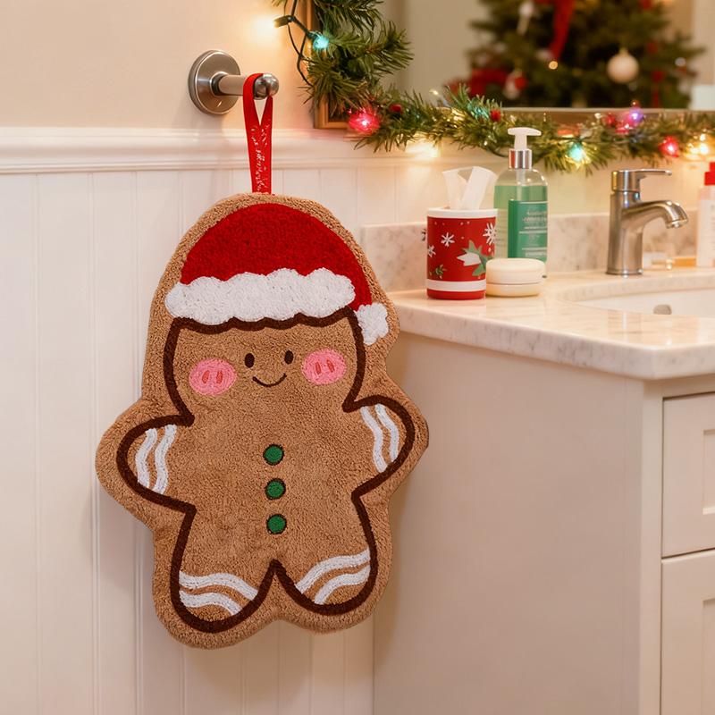 1pc Christmas Gingerbread Man Snowman Hand Towel Coral Fleece Soft Absorbent Holiday Kitchen Bathroom Decoration Xmas Home Gift