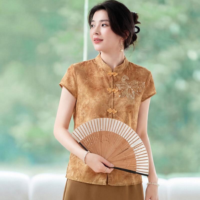 Oudifu Chinese Style Jacquard Beaded Short Sleeve Shirt XL жёлтый