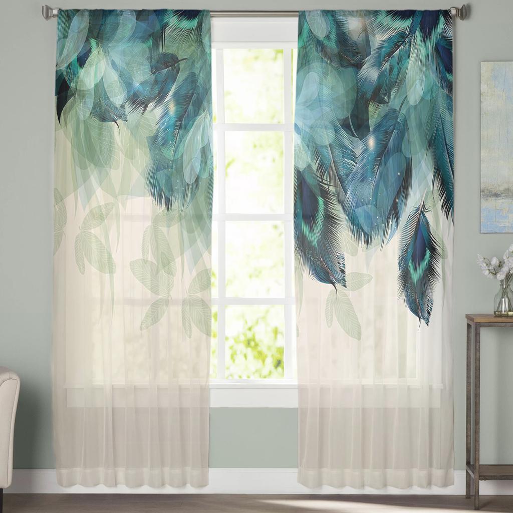 Peacock Feathers Green Curtain Window Tulle For Living Room Bedroom Kitchen Chiffon Sheer Window Treatment Decorations