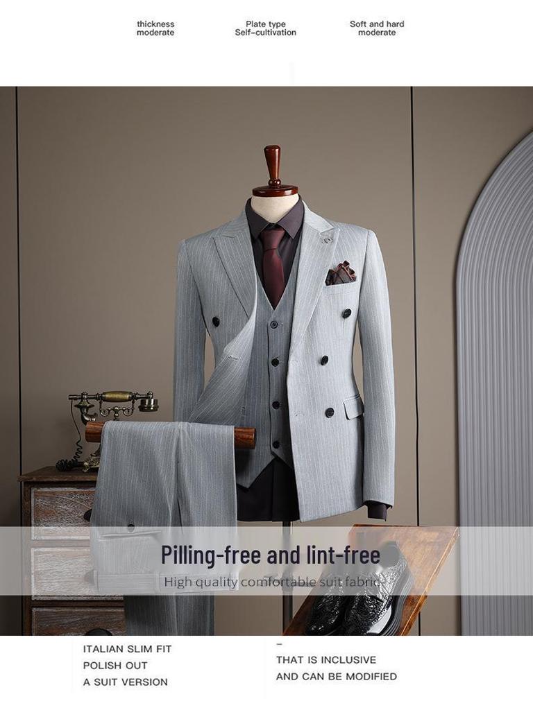 Men's High-End Double-Breasted Striped Slim-Fit Wedding & Business Suit Set