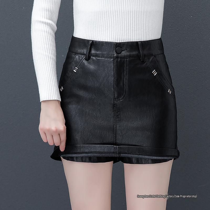 Plus Size Women's High-Waist Sheepskin Leather Shorts - Wide Leg Slimming Casual Hot Pants for Autumn/Winter 2025.