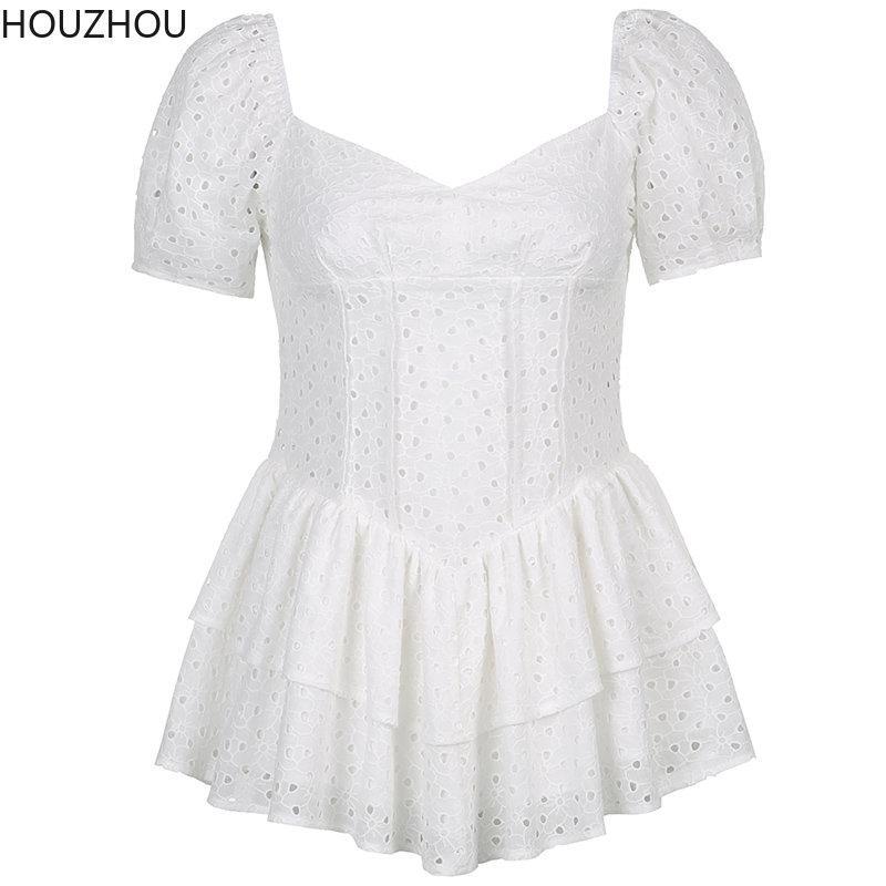 Hollow Black Dress Women V Neck Ruffles Pleated Dress Puff Sleeve Chic Black Summer Party Dress French Vintage Corset Ladies