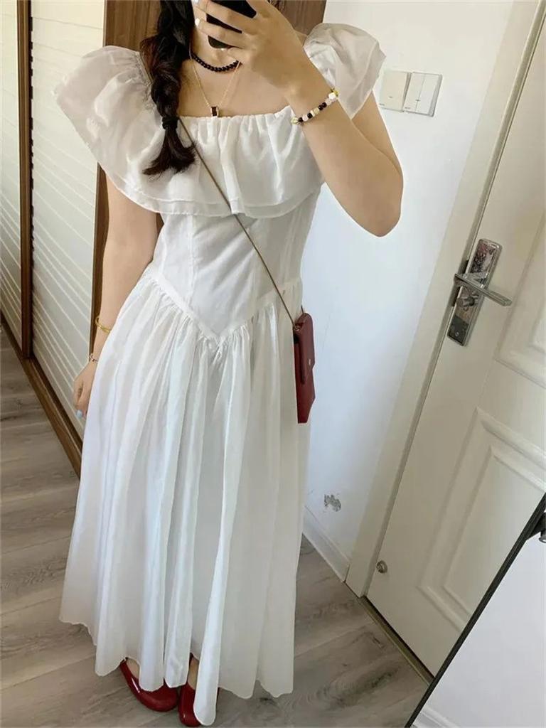 French ruffle edge one-word shoulder dress children's summer new super good-looking niche design temperament long dress