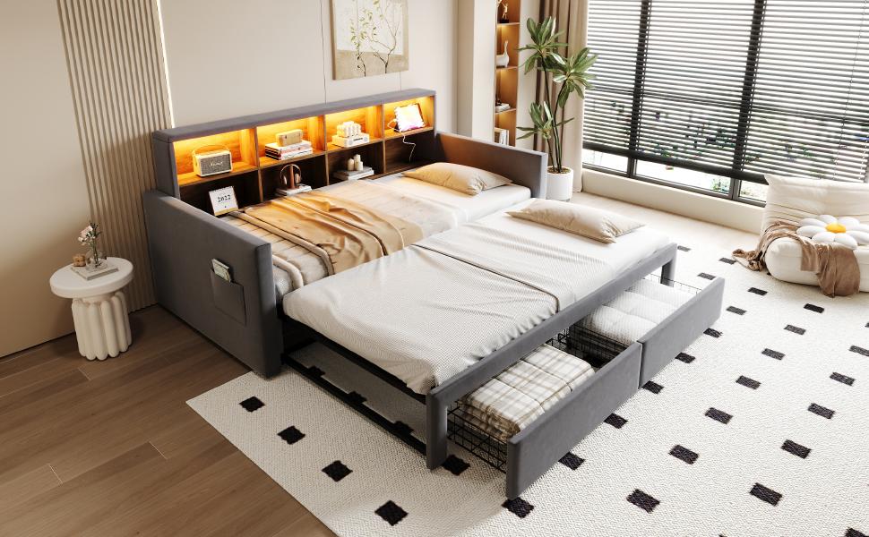 Pull-Out Upholstered Sofa Bed 90/180 X 190 Cm, Headboard with Storage, LED Strip, Charging Sockets, Two Drawers, Slatted Frame, Velvet Dark Grey