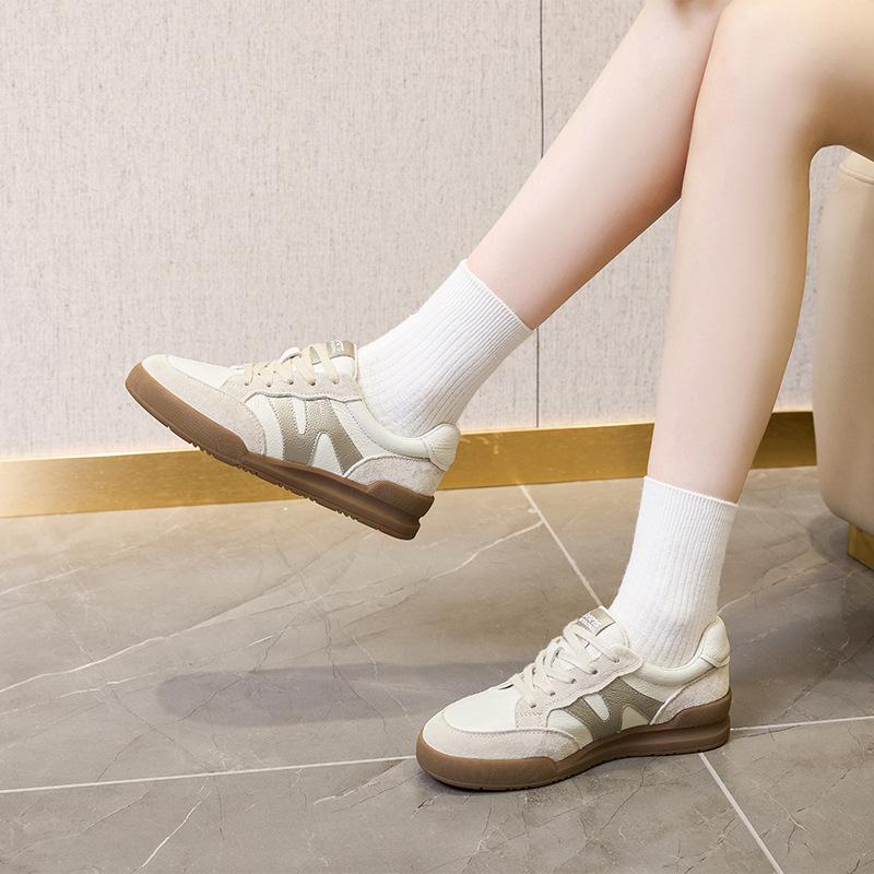 Spring leather sports shoes women's flat bottom women's color matching casual student shoes women