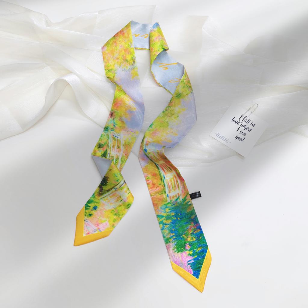 French green small long narrow silk scarf women's spring and autumn pointed corner tied bag ribbon braided hair band headgear scarf streamer belt
