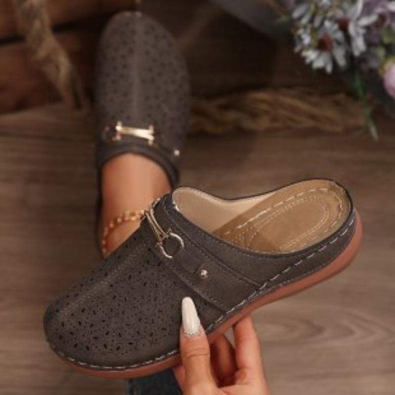 Fashionable Half-slipper Women's Thick-soled Wedge Heel Breathable Hollowed-out Large-head Retro Shoes
