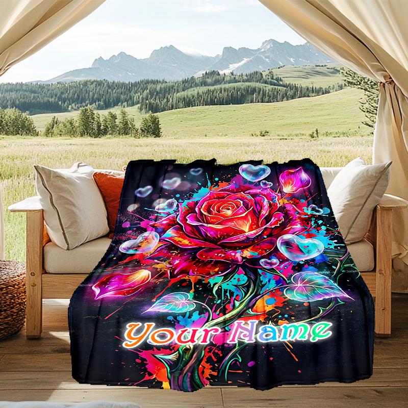 1PC Custom Name Colorful Rose Fantasy Flannel Blanket Versatile,all-season Throw Suitable for the Living Room,bedroom,camping,travel,and Gift